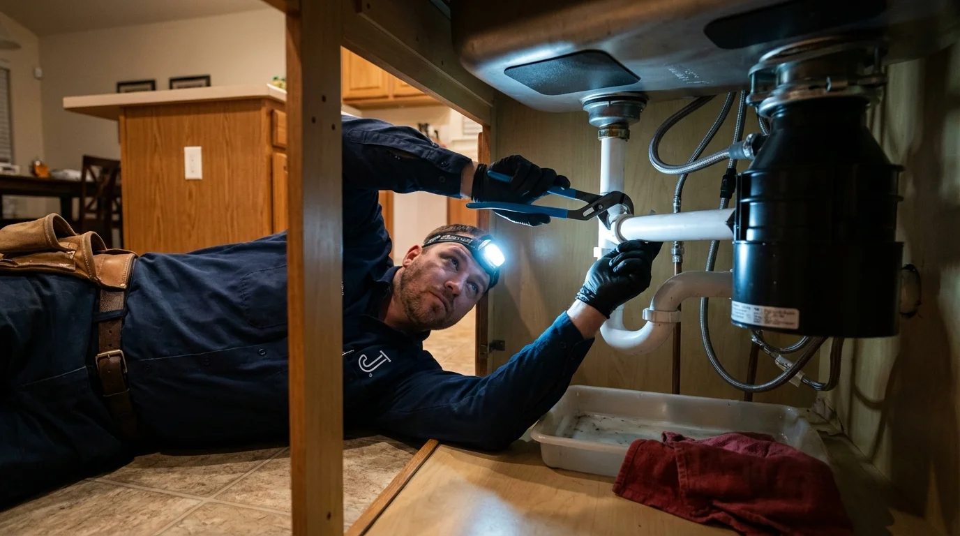 P-trap and supply line connections under a kitchen sink showing a common leak point in Panhandle, TX